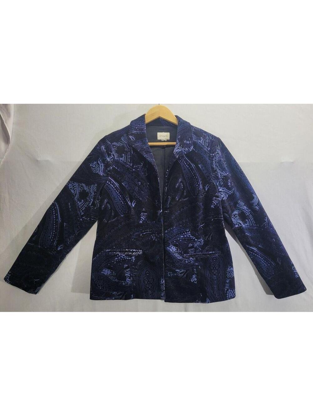 Chicos 1 Womens Medium Open Jacket Blazer Velvet Paisley Pockets Blue